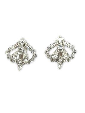 Vintage Art Deco Clear Glass Rhinestone & Rhodium Plated Fur Clips